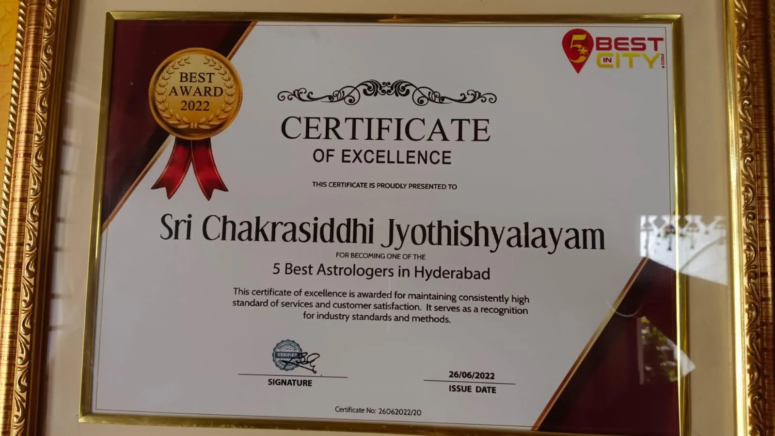 Best Astrologer in Hyderabad award — Chakra Siddhi Jyothishyalaya